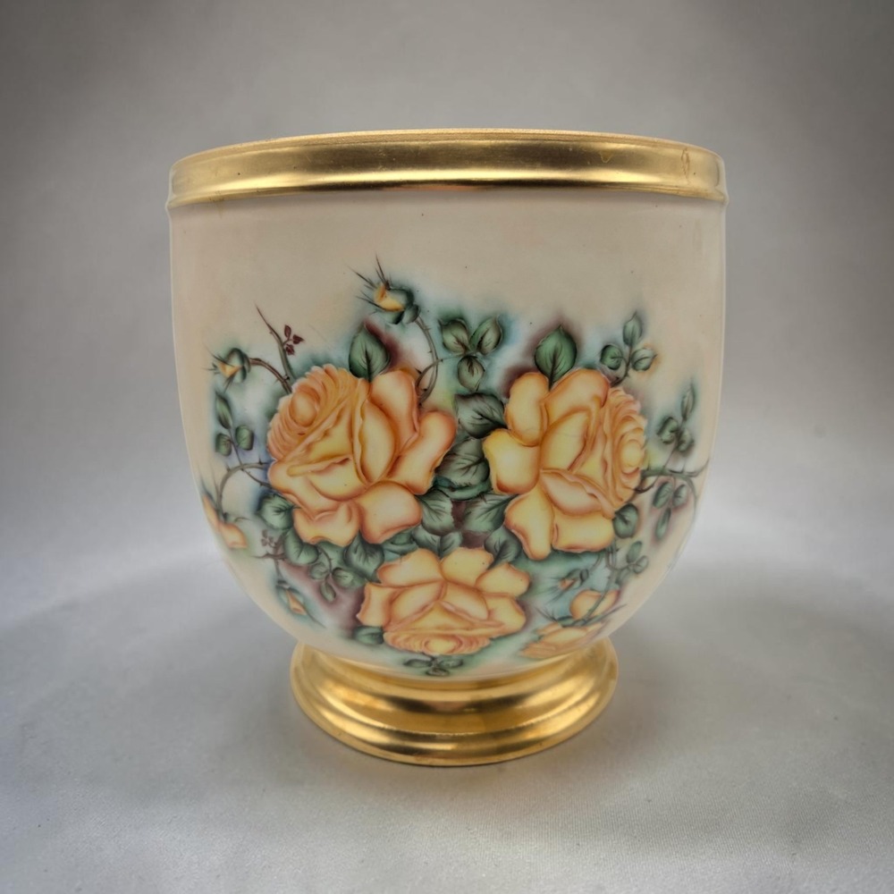 Vintage Alfred Vignaud Limoges France Yellow Rose Porcelain Cache Planter Pot